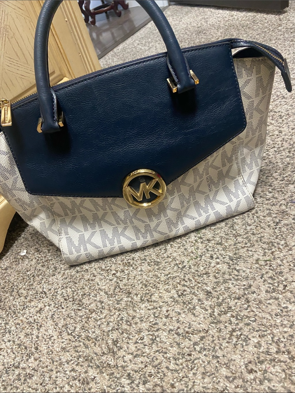 Authentic Michael Kors Navy and White MK Logo Satchel with Gold Hardware